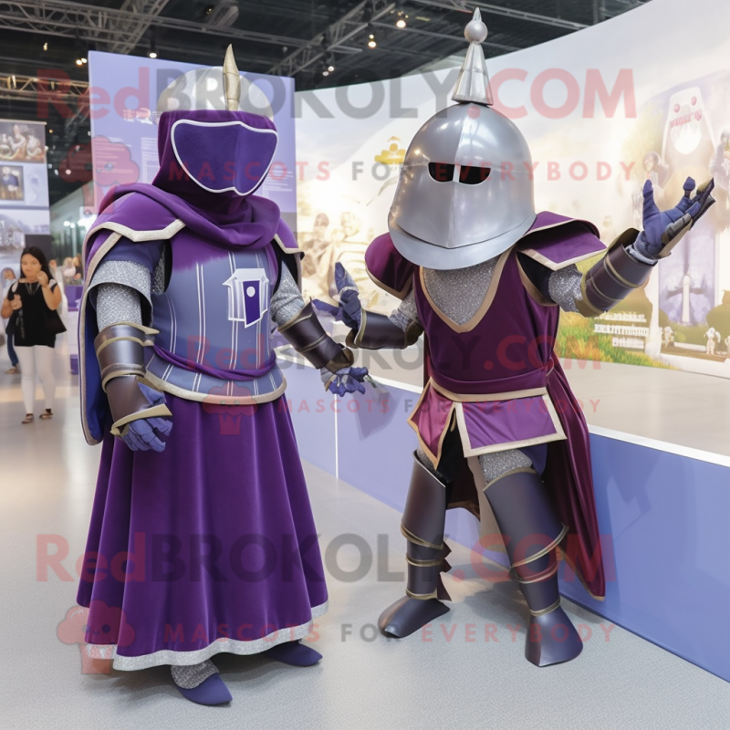 Purple Medieval Knight mascot costume character dressed with a Ball Gown and Berets