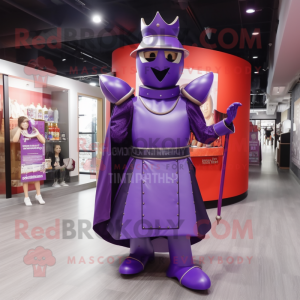 Purple Medieval Knight mascot costume character dressed with a Ball Gown and Berets