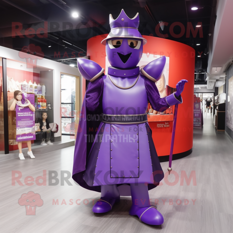 Purple Medieval Knight mascot costume character dressed with a Ball Gown and Berets