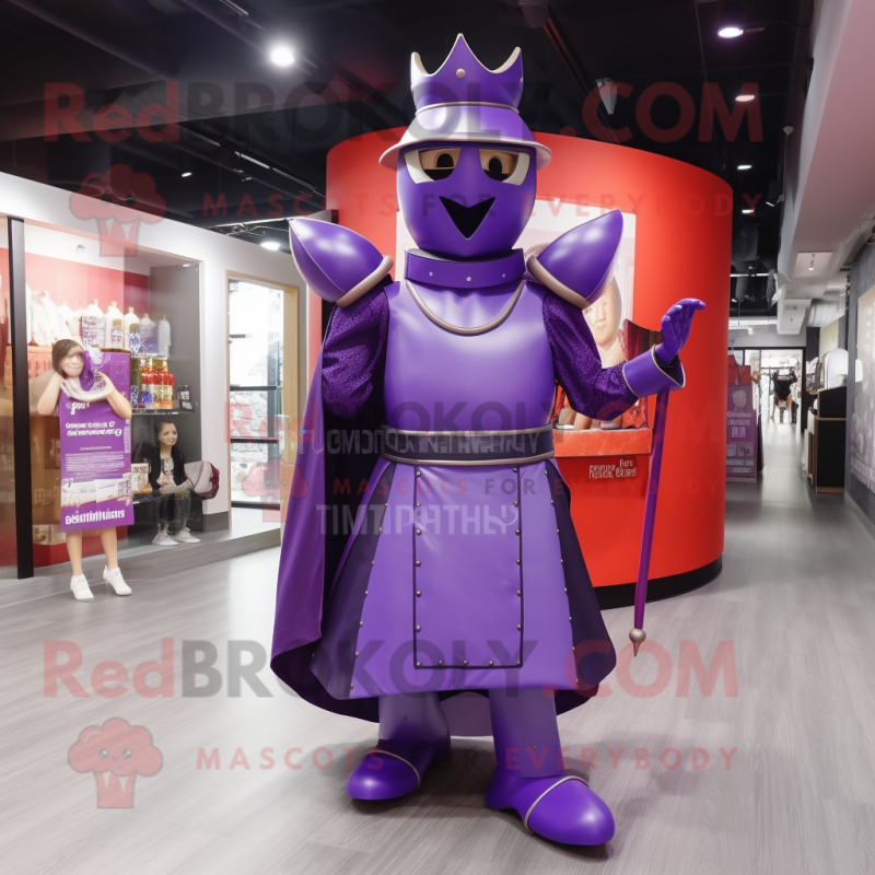 Purple Medieval Knight mascot costume character dressed with a Ball Gown and Berets Purple Medieval Knight mascot costume character dressed with a Ball Gown and Berets