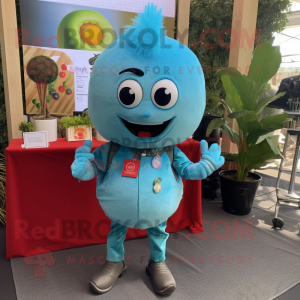 Cyan Cherry mascot costume character dressed with a Corduroy Pants and Necklaces