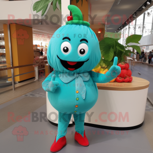 Cyan Cherry mascot costume character dressed with a Corduroy Pants and Necklaces