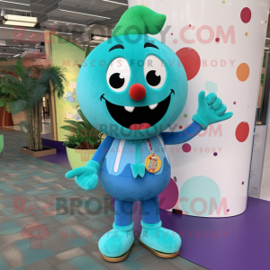 Cyan Cherry mascot costume character dressed with a Corduroy Pants and Necklaces