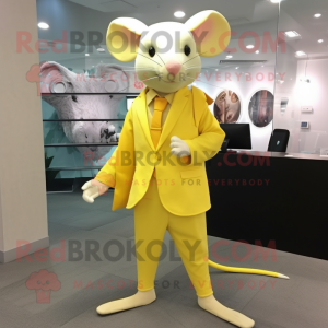 Lemon Yellow Rat mascot costume character dressed with a Suit Pants and Shawl pins