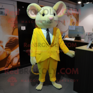 Lemon Yellow Rat mascot costume character dressed with a Suit Pants and Shawl pins