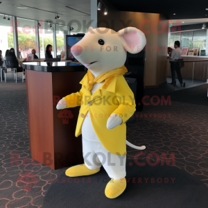 Lemon Yellow Rat mascot costume character dressed with a Suit Pants and Shawl pins