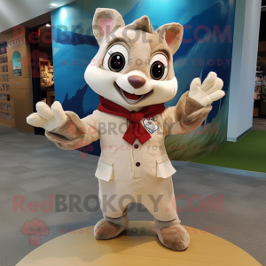 Beige Flying Squirrel mascot costume character dressed with a Poplin Shirt and Mittens