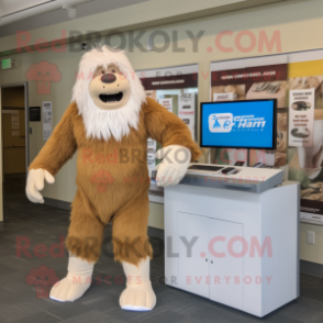 Cream Sasquatch mascot costume character dressed with a Running Shorts and Watches