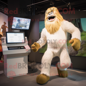 Cream Sasquatch mascot costume character dressed with a Running Shorts and Watches