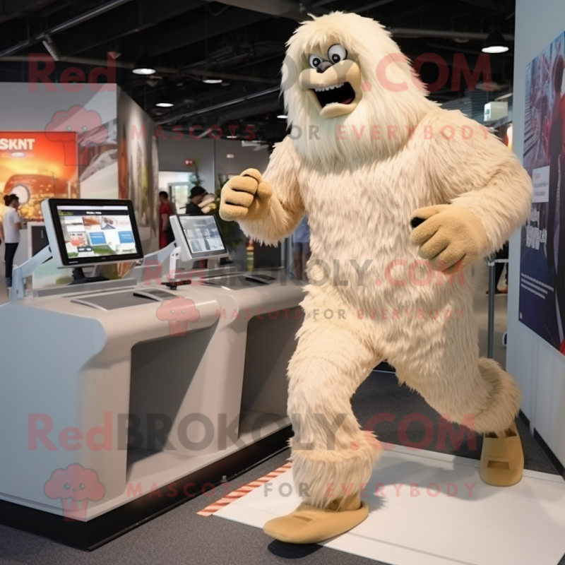 Cream Sasquatch mascot costume character dressed with a Running Shorts and Watches Cream Sasquatch mascot costume character dressed with a Running Shorts and Watches