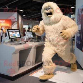 Cream Sasquatch mascot costume character dressed with a Running Shorts and Watches