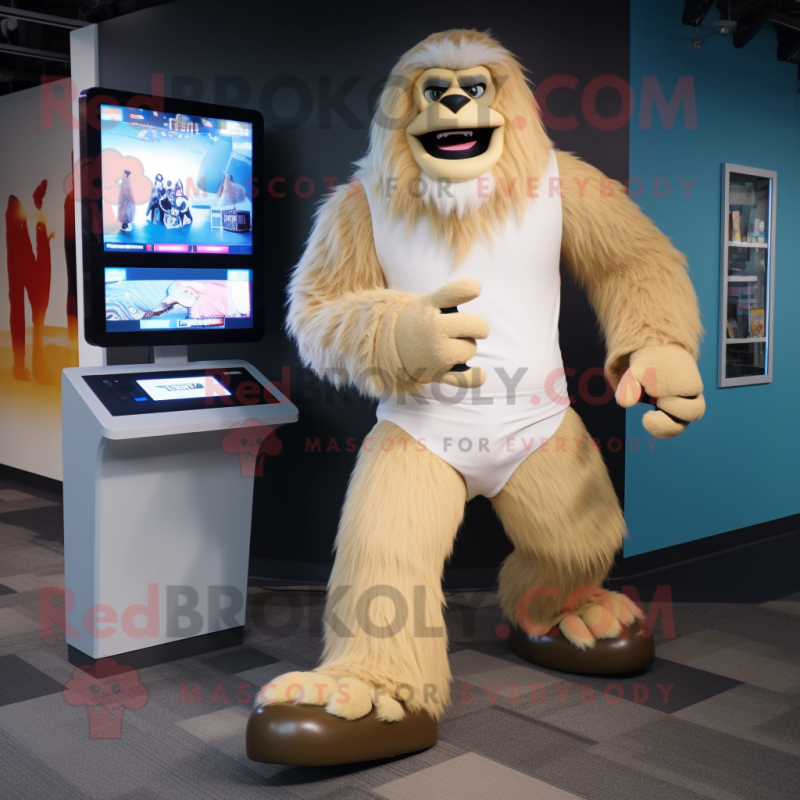 Cream Sasquatch mascot costume character dressed with a Running Shorts and Watches