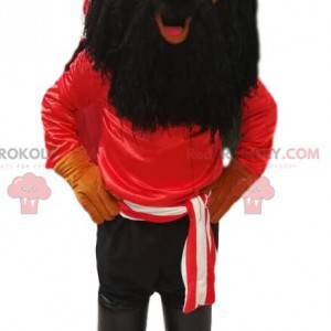 Pirate mascot with a red t-shirt and a long black beard -