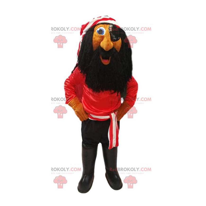 Piratmaskot med en rød t-shirt og et langt sort skæg -