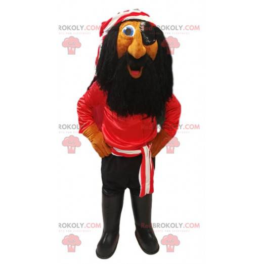 Piratenmaskottchen mit rotem T-Shirt und langem schwarzen Bart