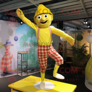 Lemon Yellow Trapeze Artist mascot costume character dressed with a Flannel Shirt and Hats