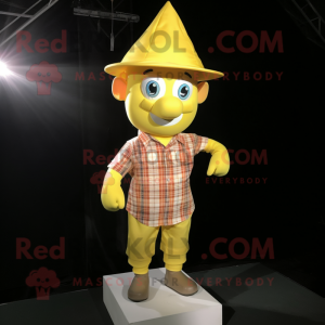 Lemon Yellow Trapeze Artist mascot costume character dressed with a Flannel Shirt and Hats