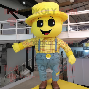 Lemon Yellow Trapeze Artist mascot costume character dressed with a Flannel Shirt and Hats