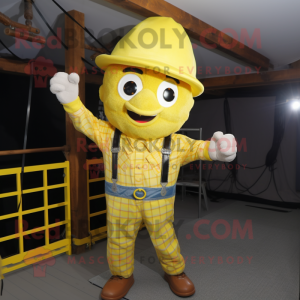 Lemon Yellow Trapeze Artist mascot costume character dressed with a Flannel Shirt and Hats