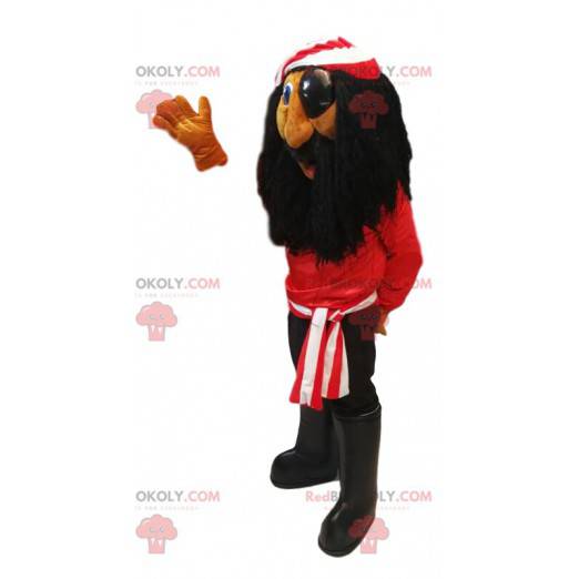 Pirate mascot with a red t-shirt and a long black beard -