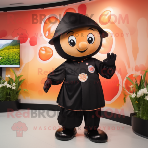 Black Apricot mascot costume character dressed with a Windbreaker and Berets