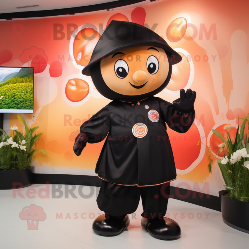 Black Apricot mascot costume character dressed with a Windbreaker and Berets Black Apricot mascot costume character dressed with a Windbreaker and Berets