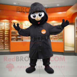 Black Apricot mascot costume character dressed with a Windbreaker and Berets