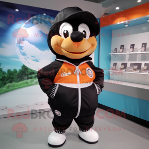Black Apricot mascot costume character dressed with a Windbreaker and Berets