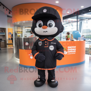 Black Apricot mascot costume character dressed with a Windbreaker and Berets