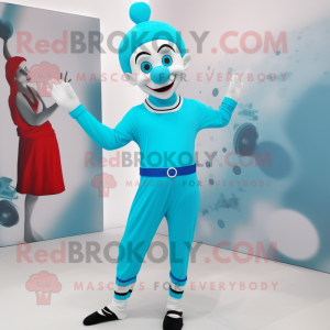 Cyan Mime mascot costume character dressed with a T-Shirt and Anklets