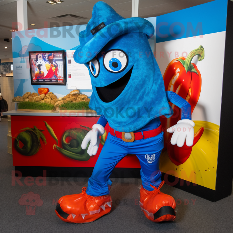 Blue Fajitas mascot costume character dressed with a Graphic Tee and Shoe clips Blue Fajitas mascot costume character dressed with a Graphic Tee and Shoe clips