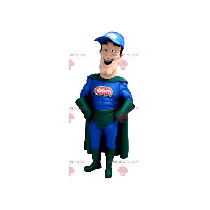 Mascote super-herói em traje azul e verde - Redbrokoly.com