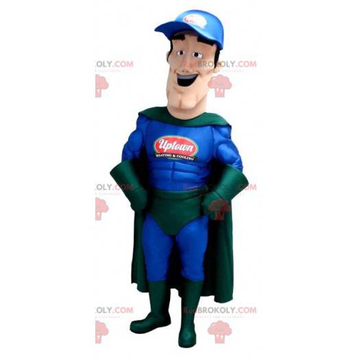 Mascote super-herói em traje azul e verde - Redbrokoly.com