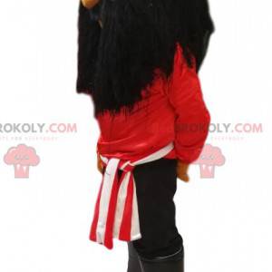 Piratmaskott med rød t-skjorte og langt svart skjegg -
