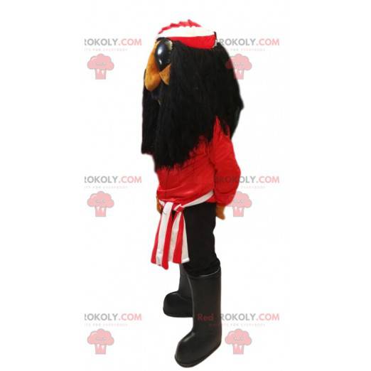 Piratenmaskottchen mit rotem T-Shirt und langem schwarzen Bart