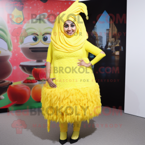 Lemon Yellow Biryani mascot costume character dressed with a Midi Dress and Shoe clips