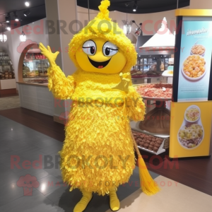 Lemon Yellow Biryani mascot costume character dressed with a Midi Dress and Shoe clips