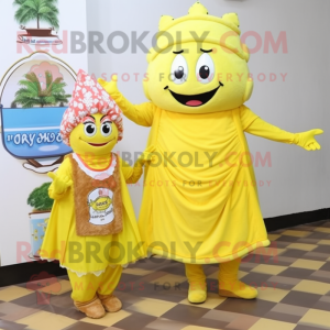 Lemon Yellow Biryani mascot costume character dressed with a Midi Dress and Shoe clips