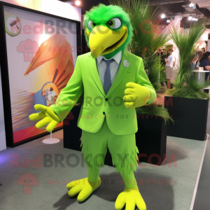 Lime Green Eagle mascot costume character dressed with a Dress Pants and Lapel pins