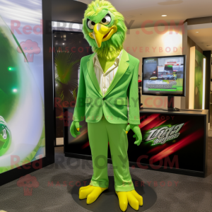 Lime Green Eagle mascot costume character dressed with a Dress Pants and Lapel pins