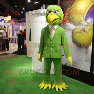 Lime Green Eagle mascot costume character dressed with a Dress Pants and Lapel pins
