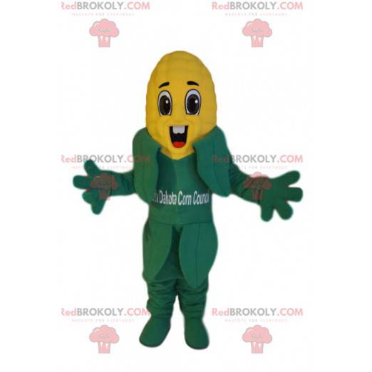 Mascota de mazorca de maíz muy feliz. Disfraz de mazorca de