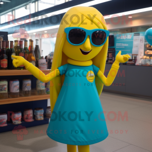 Turquoise Bottle Of Mustard mascot costume character dressed with a Mini Skirt and Sunglasses