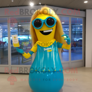 Turquoise Bottle Of Mustard mascot costume character dressed with a Mini Skirt and Sunglasses