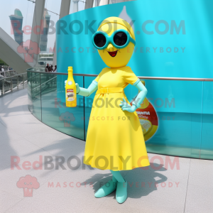 Turquoise Bottle Of Mustard mascot costume character dressed with a Mini Skirt and Sunglasses