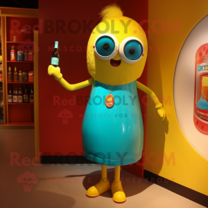 Turquoise Bottle Of Mustard mascot costume character dressed with a Mini Skirt and Sunglasses