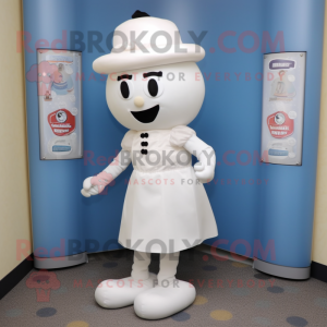 White Gumball Machine mascot costume character dressed with a Pencil Skirt and Hat pins