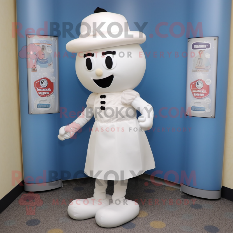 White Gumball Machine mascot costume character dressed with a Pencil Skirt and Hat pins