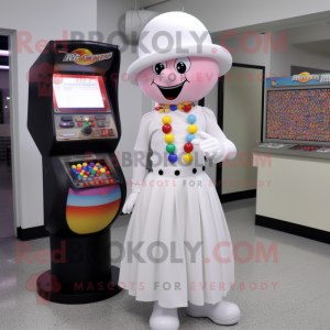 White Gumball Machine mascot costume character dressed with a Pencil Skirt and Hat pins