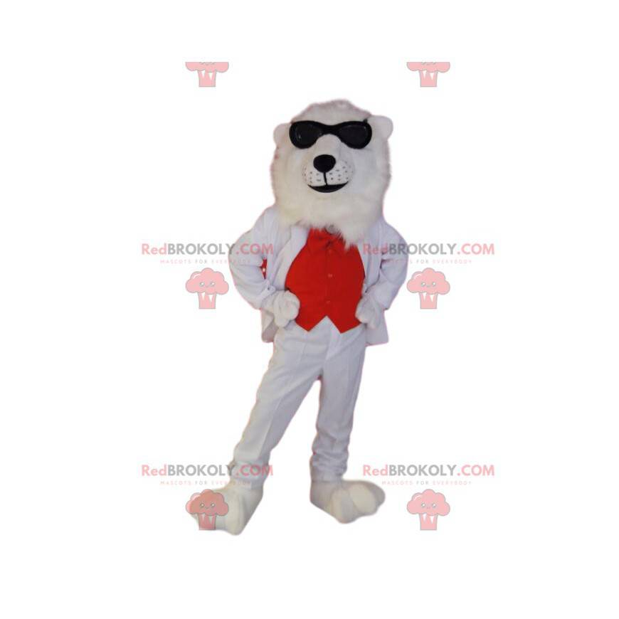 Mascota del oso polar con un traje rojo y blanco. -